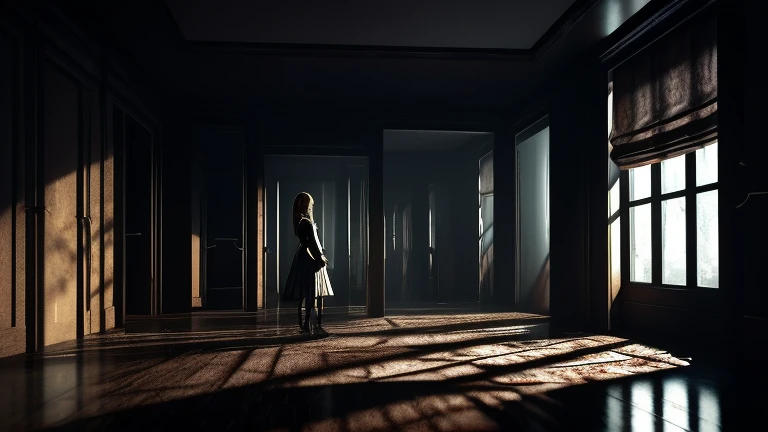 "A woman in a dark room, struggling in despair, surrounded by broken mirrors reflecting her distorted image. Dim lighting with shadows cast on the walls creates a feeling of claustrophobia. --ar 16:9 --style psychological horror --v 5 --q 2"