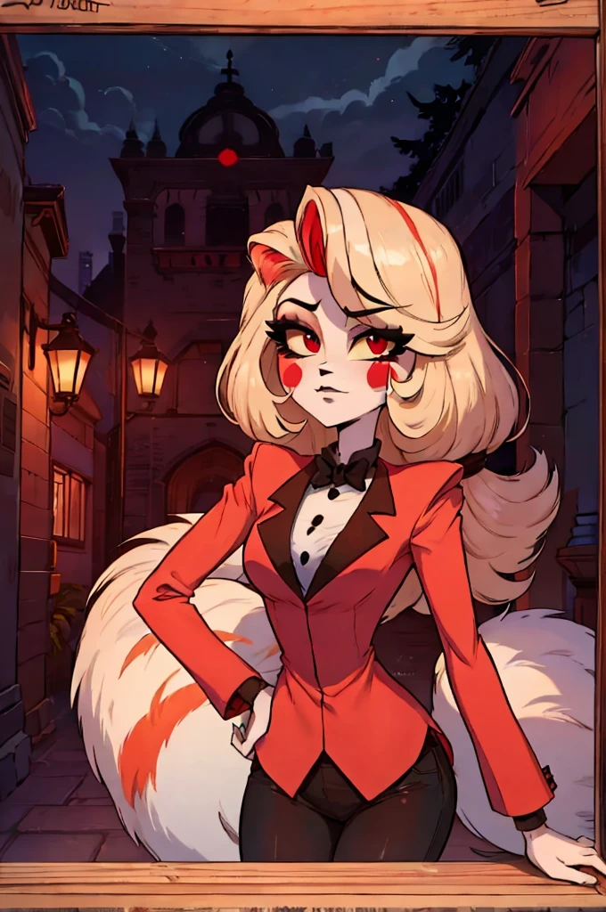 ass, from behind, ass focus, NSFW, Solo female,Furry,Fox ,Red fox,Dark red feathers,Fox,Black fox ears with red tips,Red eyes with black skeral,Vintage style,Short hair ,with wavy dark red tips,A long jacket with a dark red collar,white shirt,With a clock on it black tie, black trousers, dark red fluffy fox tail,


