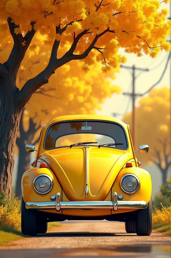 Yellow Volkswagen Beetle under a yellow ipe tree