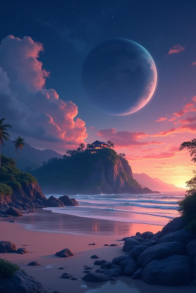 create a landscape of a beach, in this landscape you can see a mountain in the distance, and on that mountain there is a house, right behind this mountain and this house you can see a beautiful sunset, and the sky is in orange pink and blue colors, you see stars big stars, is probably planet, and many many stars 

