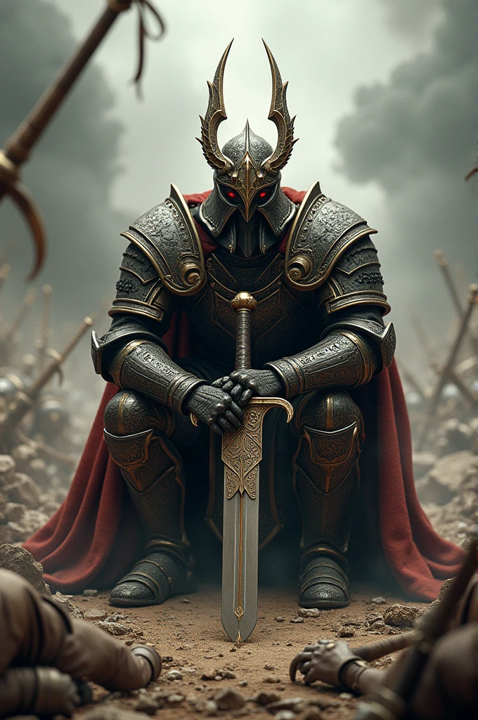 A warrior in armor kneeling in battle