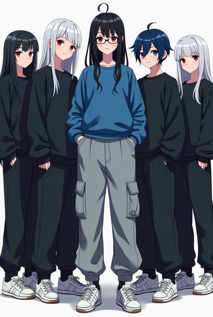 Harem of a Demon Girl, Her harem wears a black sweatshirt, black cargo pants, white tennis shoes, white and blue hair and the demon wears, grey cargo pants blue sweatshirt, black hair, glasses and white tennis shoes