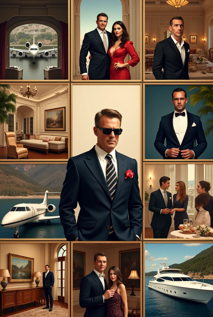 Create a poster with 10 images showing the lifestyle of a millionaire with his 