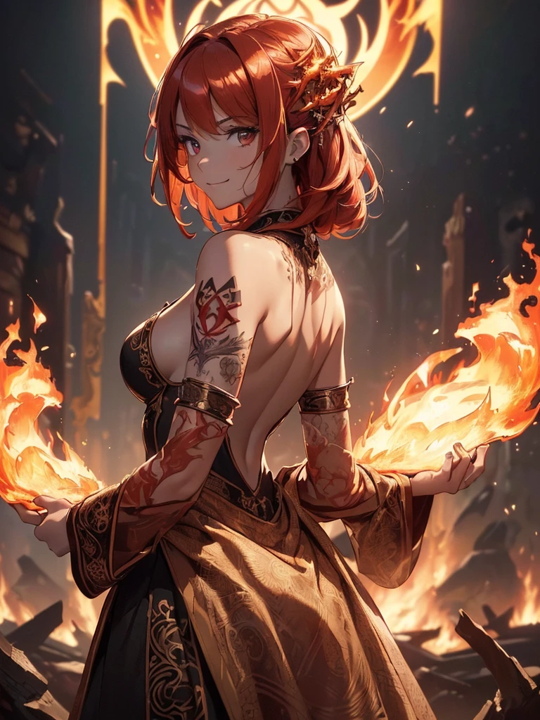 (((best quality, sharp image, clear image, cinematic lighting, 8k resolution, masterpiece, ultra detailed, intricate))) Girl, (((looking over left shoulder))), (shot from behind), fire mage, ((intricate background)), ((chaotic background)), red hair, smiling, ((flame runes, flame sigils)), (tatoo on back), slim figure, flying sigils, long dress, cute