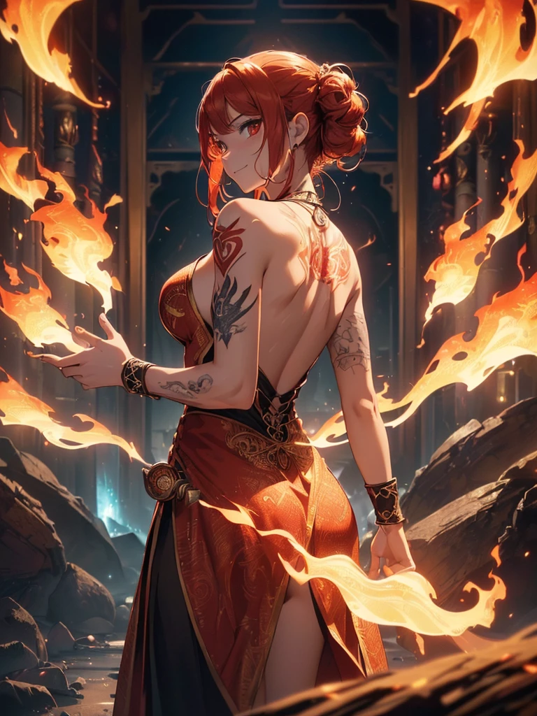 (((best quality, sharp image, clear image, cinematic lighting, 8k resolution, masterpiece, ultra detailed, intricate))) Girl, (((looking over left shoulder))), (shot from behind), fire mage, ((intricate background)), ((chaotic background)), red hair, smiling, ((flame runes, flame sigils)), (tatoo on back), slim figure, flying sigils, long dress, cute