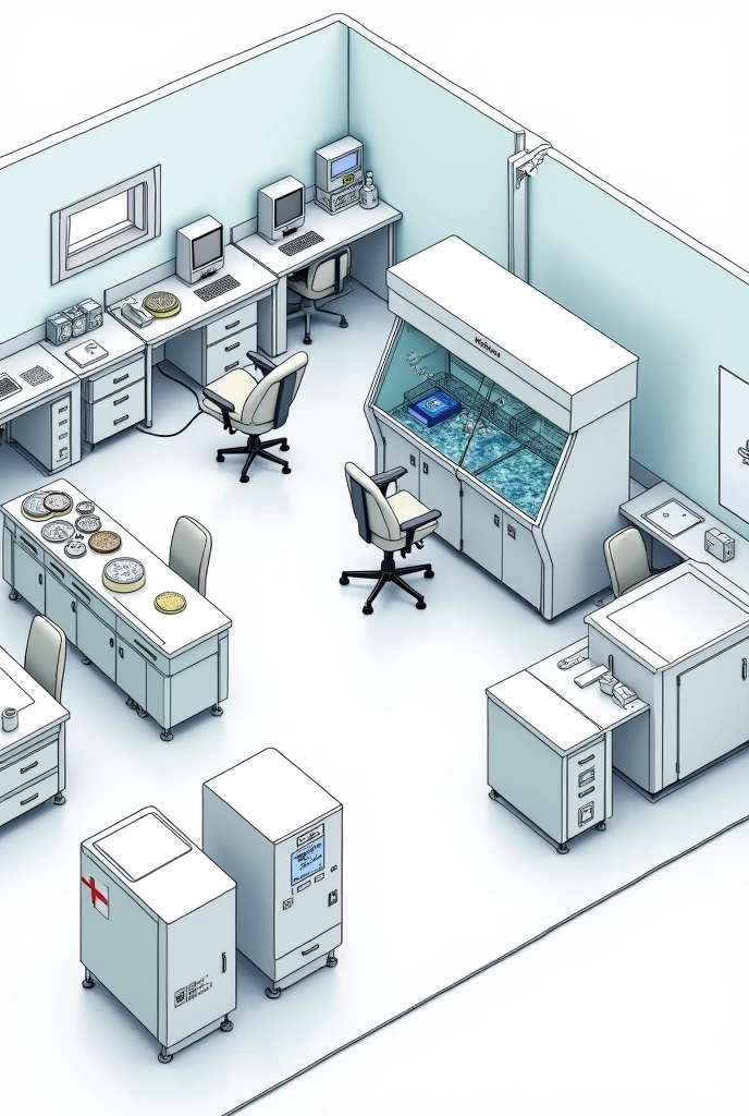 Simple drawing to be able to draw the bacteriology area of a clinical laboratory that includes a biosafety cabinet, culture media, computers, and a simple sink, culture media in a petri dish, and refrigerators. I need this drawing 