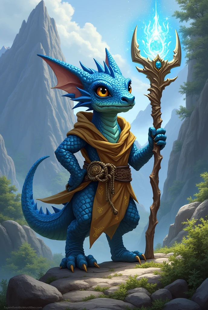 Create an RPG character, he is a kobold druid. Its scales are blue, the background resembles a mountain.
Make the character more humanoid and equip him with druid clothes.
Make him with his staff in hand Make the staff more magical He is a druid who enchants animals His appearance should be similar to a dragon He is small but fierce He has no wings His staff resembles polished wood Make the staff fierce