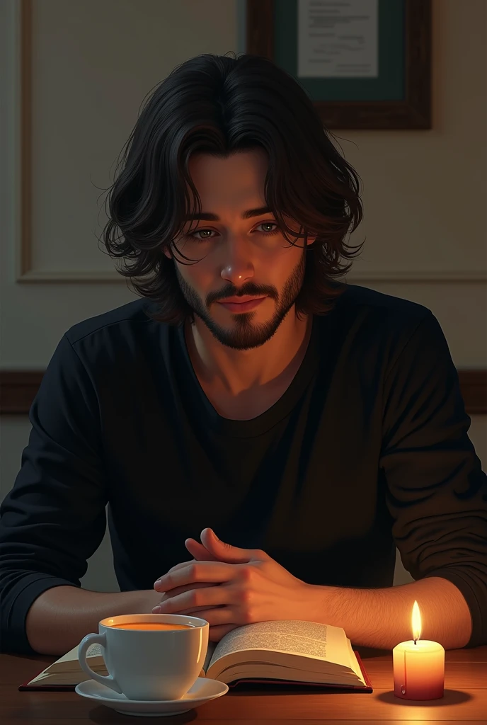 A boy is sitting reading a story book and there is a cup of tea and a lighted candle on a table in front of him, and he is 18 year, he has medium beard and there body black full hand t 'shirt and there hair is a long
