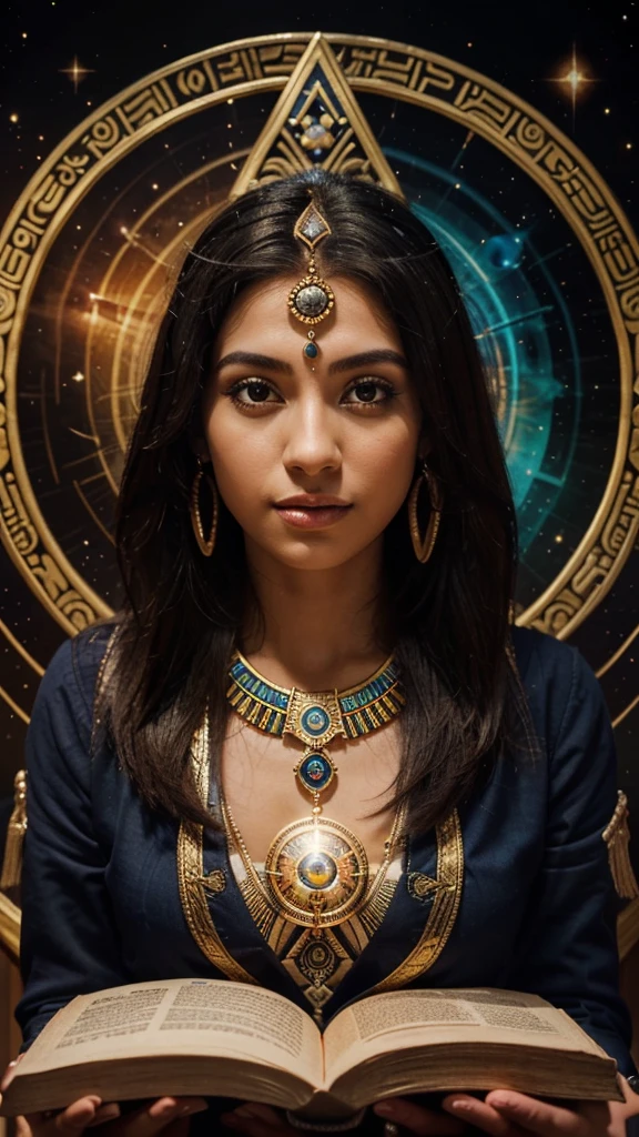 A cover image for a YouTube video with a detailed and artistic scene featuring diverse people reading books, surrounded by spiritual and cosmic symbols. In the center of the image, modify the central glowing element to resemble the Eye of Horus, a powerful ancient Egyptian symbol. The Eye of Horus should be radiant and mystical, blending naturally with the surrounding symbols and colors, creating a focal point that symbolizes wisdom, protection, and spiritual insight.