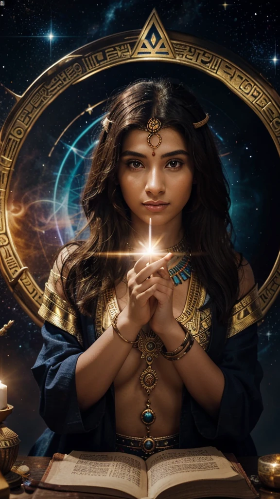 A cover image for a YouTube video with a detailed and artistic scene featuring diverse people reading books, surrounded by spiritual and cosmic symbols. In the center of the image, modify the central glowing element to resemble the Eye of Horus, a powerful ancient Egyptian symbol. The Eye of Horus should be radiant and mystical, blending naturally with the surrounding symbols and colors, creating a focal point that symbolizes wisdom, protection, and spiritual insight.