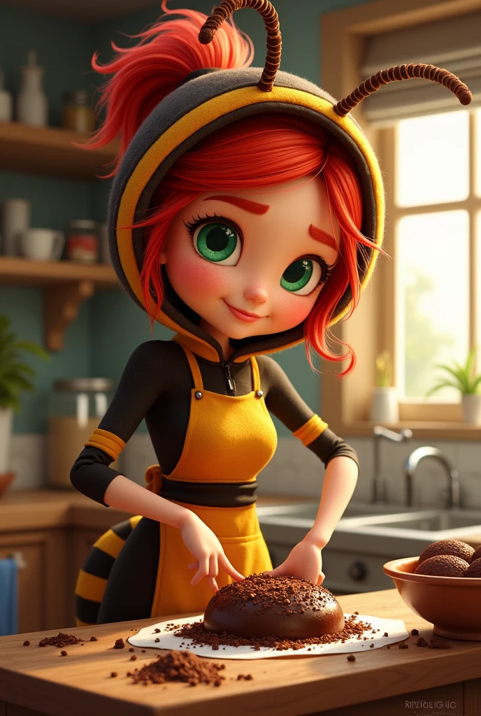 A friendly baker with red hair and green eyes, dressed as an ant making brigadeiro 