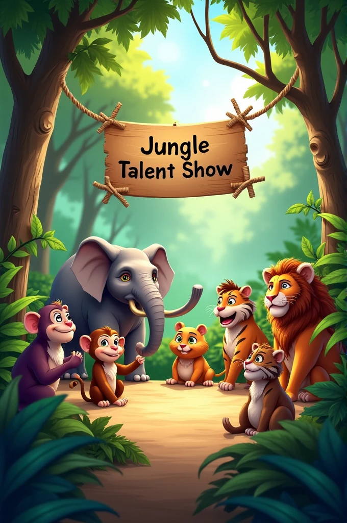 A stage in the middle of the jungle with animals eagerly waiting. There is a sign that says "Jungle Talent Show" hanging between two trees. The animals are gathered around, ready to watch the performances.