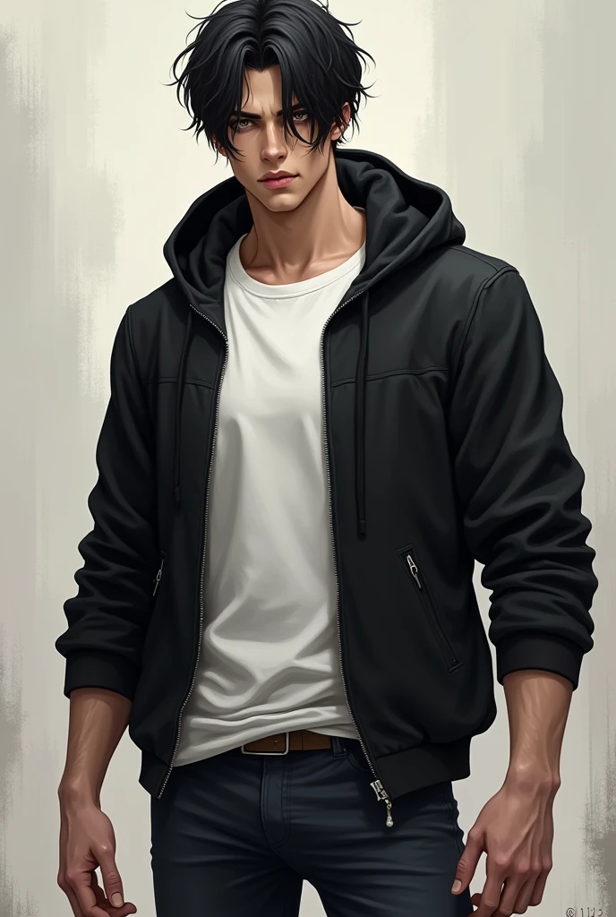 A man who is tall, handsome, and muscular young men with gray eyes, sharp facial features, and black hair with bangs that dangle all the way down to his eyes. Wearing a white shirt and black hoodie and black jean