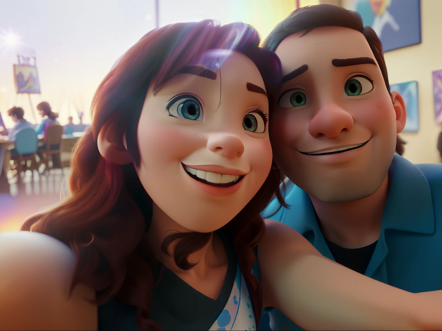 (best qualityer,high resolution,work of art:1.2), Disney pixar style couple , ultra detali, (realisitic,photorealisitic,photo-realisitic:1.37), swirly vibrant colors, Theatrical lighting