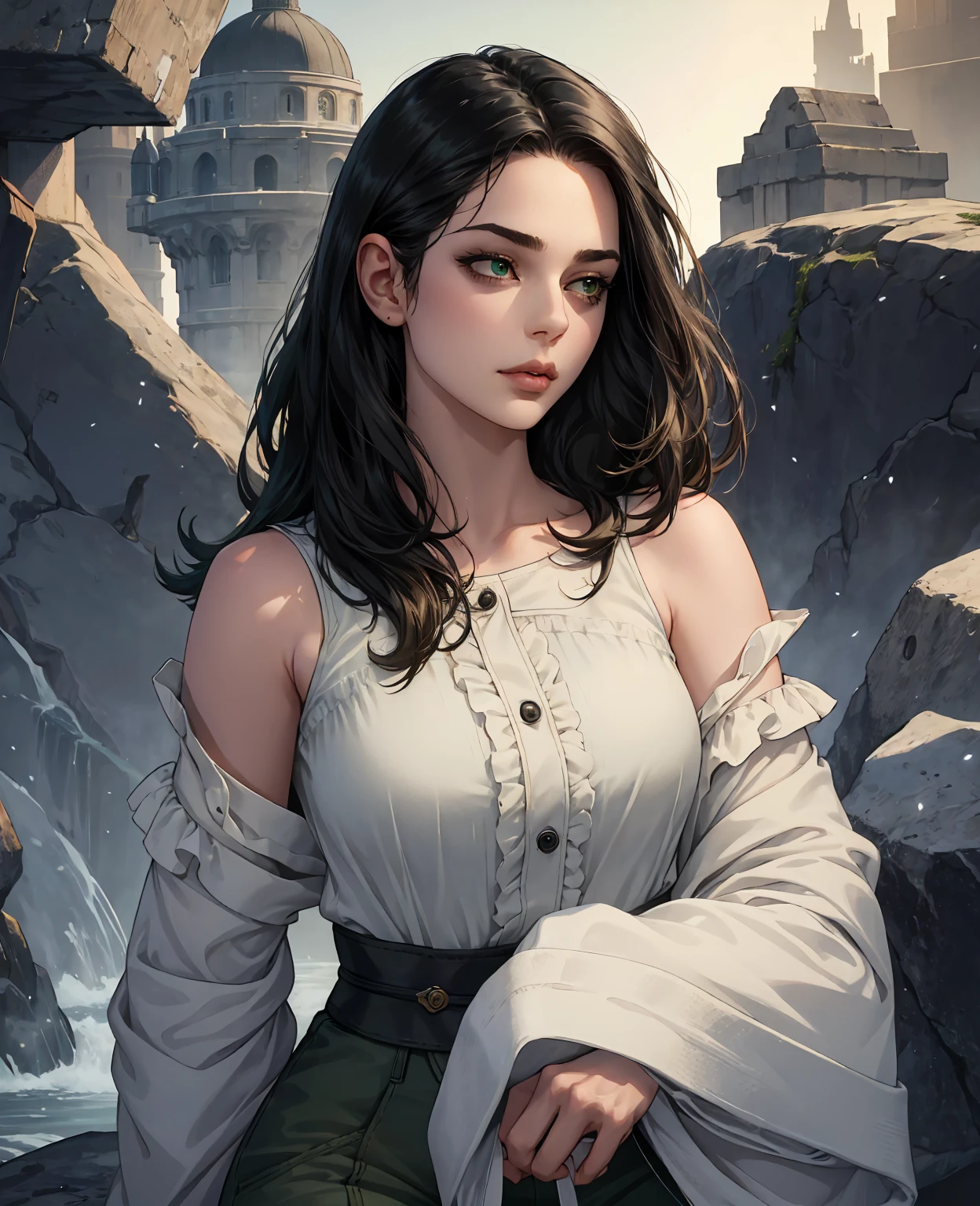 A beautiful young woman with shoulder-length wavy black hair, striking green eyes, and delicate lips, wearing a long-sleeved shirt, jeans, and winter boots, 1girl, detailed facial features, beautiful eyes, beautiful lips, long eyelashes, realistic, photorealistic, 4k, 8k, highres, masterpiece, ultra-detailed, vivid colors, dramatic lighting, cinematic, fantasy, elegant, serene