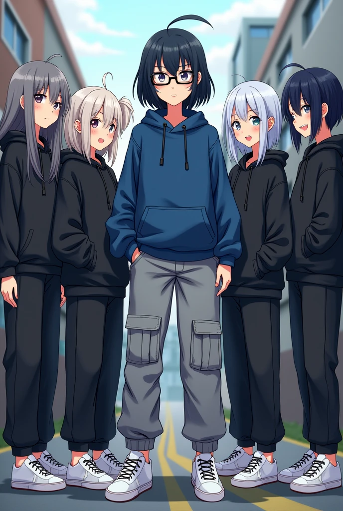 Harem of a Demon Girl, Her harem wears a black sweatshirt, black cargo pants, white tennis shoes, white and blue hair and the demon wears, grey cargo pants blue sweatshirt, black hair, glasses and white tennis shoes, realist