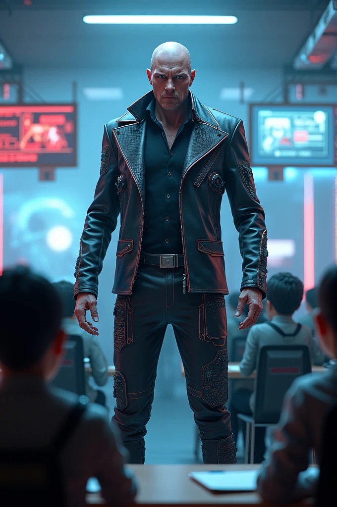 Angry iro teacher in digital class, cyberpunk