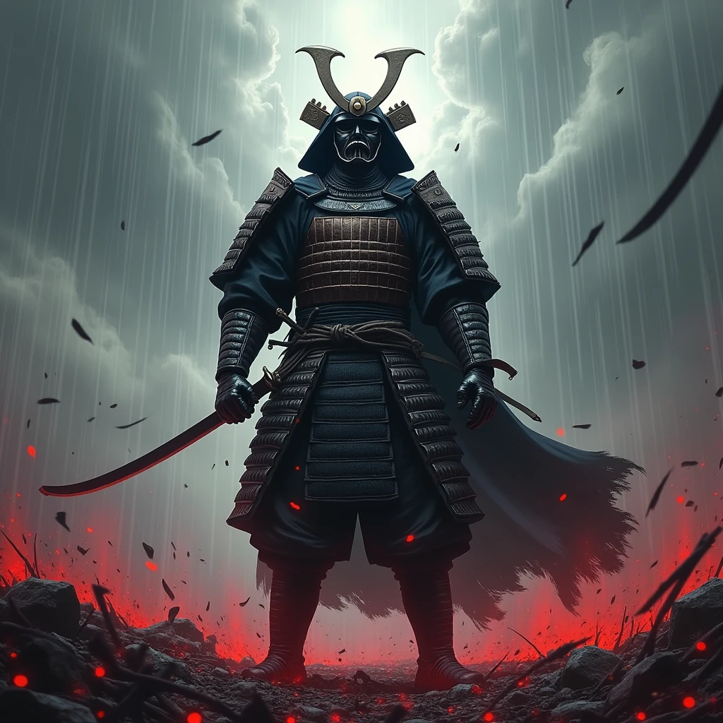 A samurai wearing dark armor and a giant mask stands looking up at the sky in the middle of a battlefield filled with rain of blood.