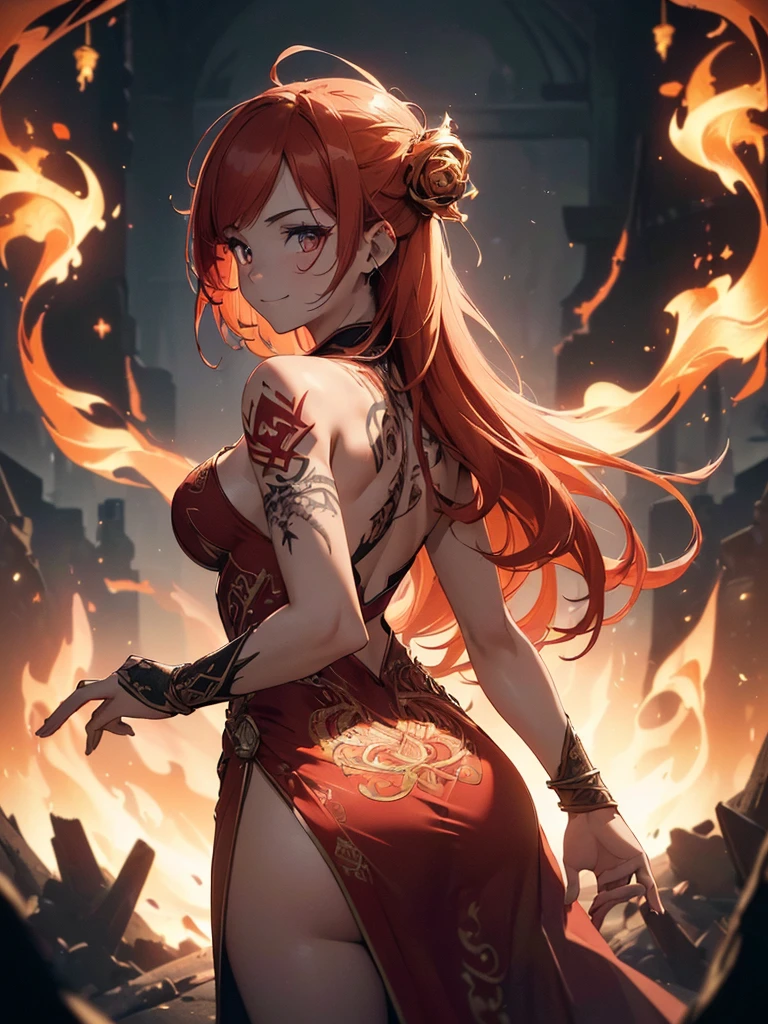 (((best quality, sharp image, clear image, cinematic lighting, 8k resolution, masterpiece, ultra detailed, intricate))) Girl, (((looking over left shoulder))), (shot from behind), fire mage, ((intricate background)), ((chaotic background)), red hair, smiling, ((flame runes, flame sigils)), (tatoo on back), slim figure, flying sigils, long dress, cute