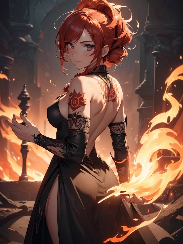 (((best quality, sharp image, clear image, cinematic lighting, 8k resolution, masterpiece, ultra detailed, intricate))) Girl, (((looking over left shoulder))), (shot from behind), fire mage, ((intricate background)), ((chaotic background)), red hair, smiling, ((flame runes, flame sigils)), (tatoo on back), slim figure, flying sigils, long dress, cute