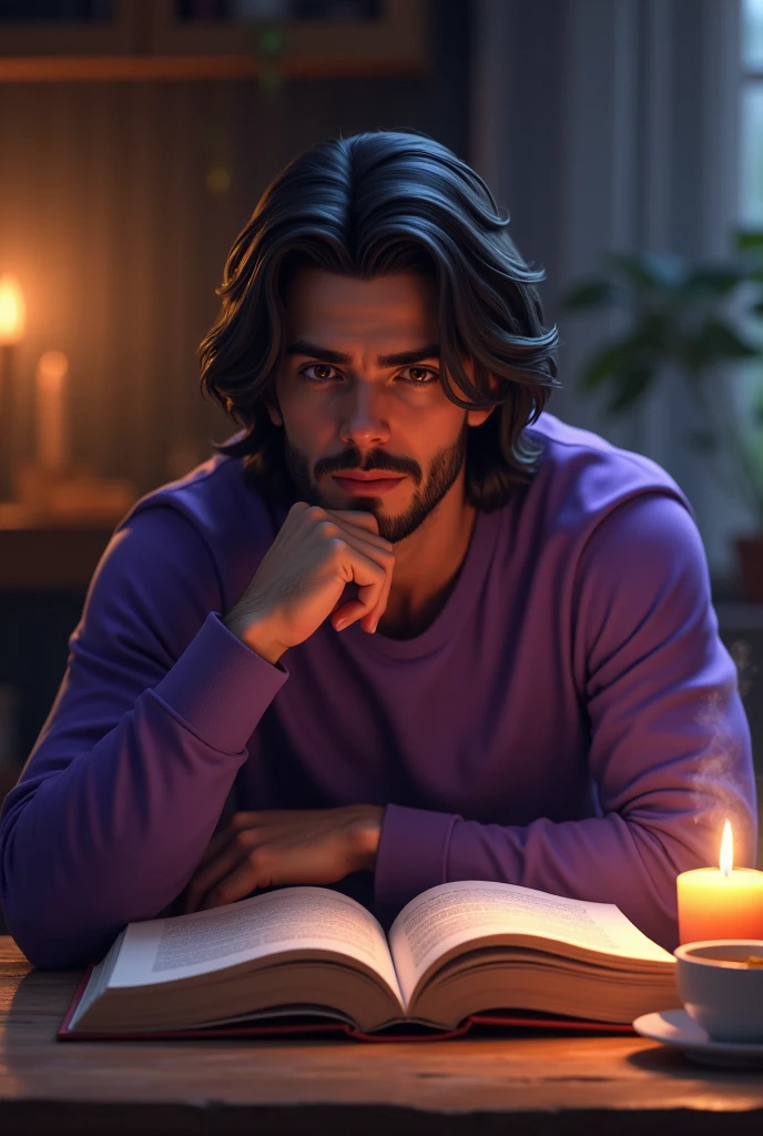 A boy is sitting reading a story book and there is a cup of tea and a lighted candle on a table in front of him, and he is 18 year, he has medium beard and there body perple full hand t 'shirt and there hair is a long