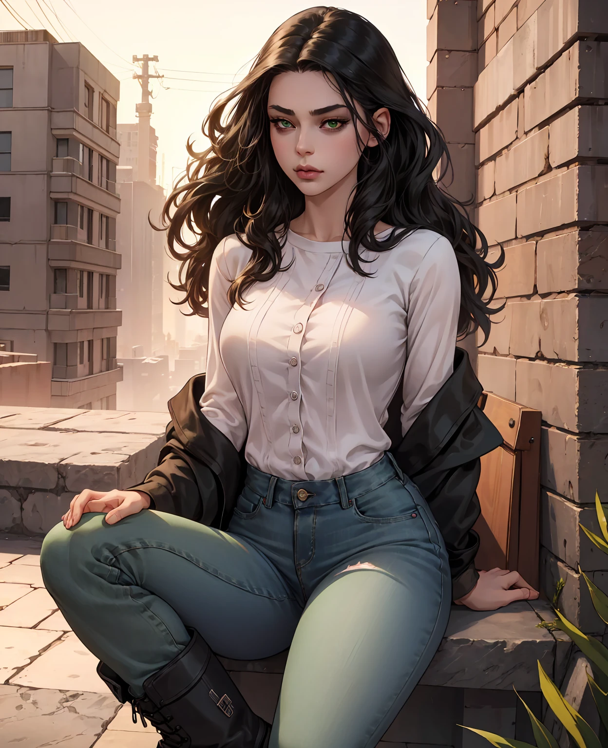 a beautiful young woman, long wavy black hair, striking green eyes, thin pink lips, wearing a long-sleeved shirt, jeans, winter boots, hyper realistic, extremely detailed, cinematic lighting, dramatic shadows, photorealistic, award-winning digital painting, 8k, trending on artstation
