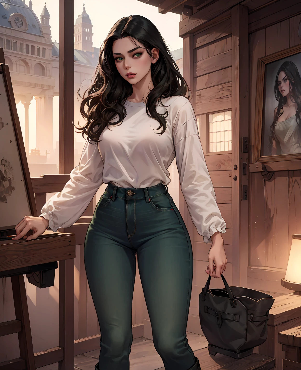 a beautiful young woman, long wavy black hair, striking green eyes, thin pink lips, wearing a long-sleeved shirt, jeans, winter boots, hyper realistic, extremely detailed, cinematic lighting, dramatic shadows, photorealistic, award-winning digital painting, 8k, trending on artstation