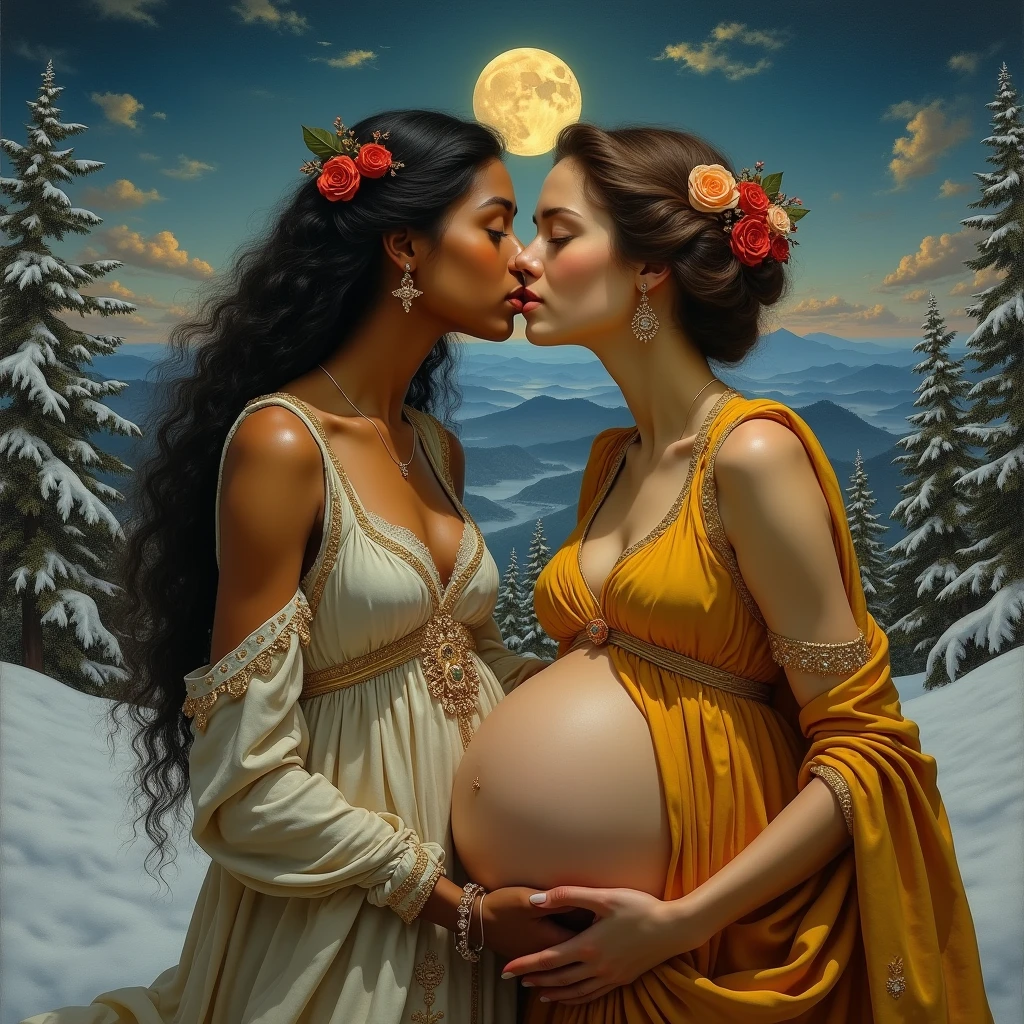(masterpiece, best quality, the most important work), oil painting by Leonardo da Vinci and Alfons Maria Mucha, perfect anatomy, two gorgeous and stunning dark-skinned or pale-skinned young pregnant goddesses is deeply in love with each other, kiss, fantastic make-up, jewelry, romantic atmosphere, snow and moon, magnificent panorama view