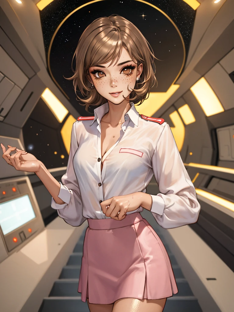 1girl,a beautiful fashion model ,(masterpiece, detailed background, best quality), shoulder length hair, short and shiny hair, light brown hair, elegant makeup, dark makeup, earrings, pink eyeshadow, white shirt, brown skirt, tie between breasts, brown eyes, wet skin small breasts, shiny breasts, shy, bashful, eager, happy, (space cruise), freckles, mousey, , slippery, glossy