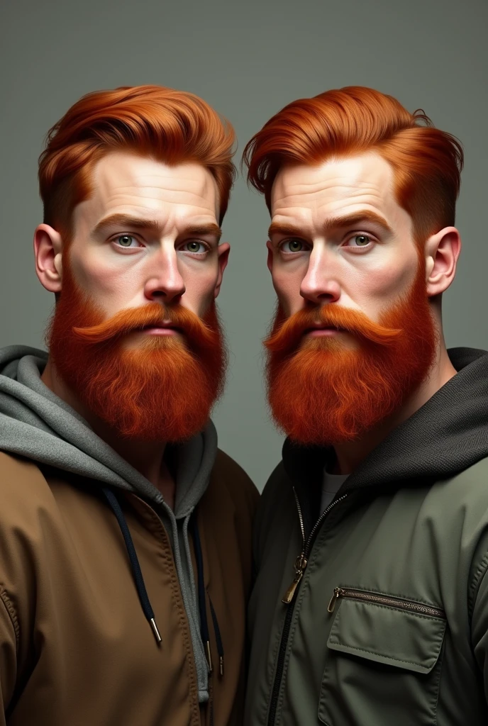 Two adult red-haired and bearded twin brothers, with the only difference between them being the shade of red