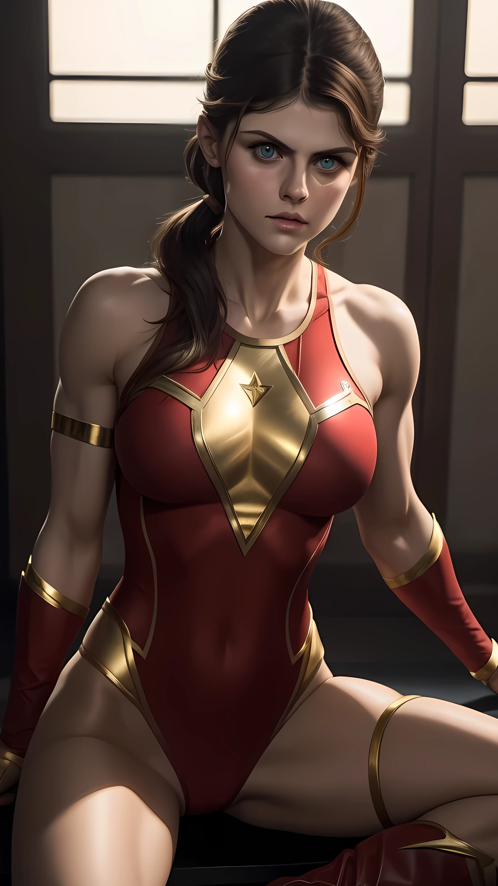 alexandra daddario as a beautiful female superheroine , green eyes brown hair, ponytail, red crop shirt, with a golden Star, wears a golden tiara on forehead with a red gem in her head , golden bracelets, long red boots, and small red shorts portrait photography by artgerm, in the style of realism, glistening skin, cartooncore, mangacore, natural lighting, Defined full lips. Muscular fitness feminine body