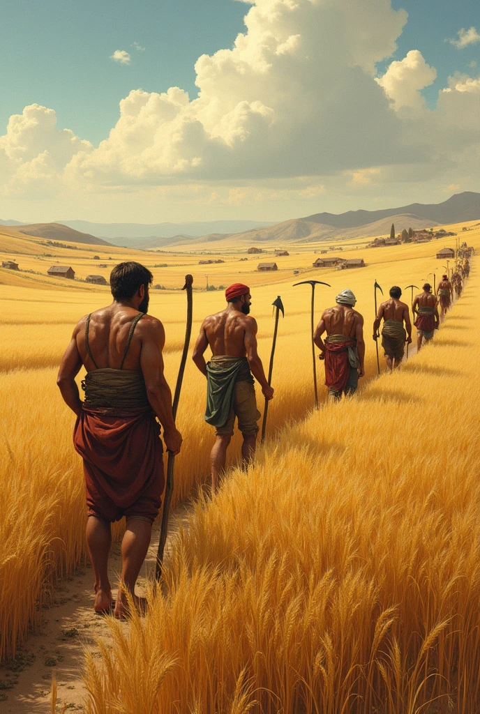 Create an image with men and women working on a farm, harvesting the wheat from the land, in primordial times.