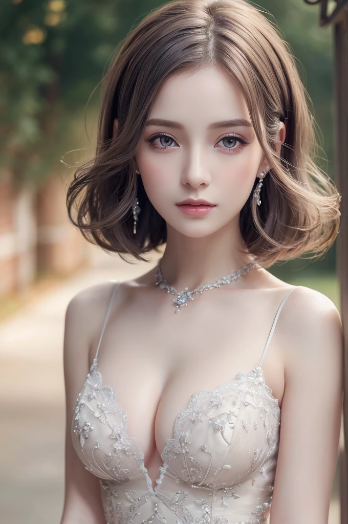 dress, Large Breasts, (((Very elegant and beautiful, Perfect detail, Very detailed))), whole body, Most detailed, Written boundary depth, 美しく詳細なwhole body, Thin legs, 30 years old, Very short hair, Gray and silver hair, Beautiful detailed hair, Perfect Face, Expressionless, Beautiful, detailed, deep eyes, Pale skin, HD background, Very delicate and beautiful, masterpiece, (((Highest quality, Very beautiful 8K CG wallpaper))), (((Trendy hairstyles))), 