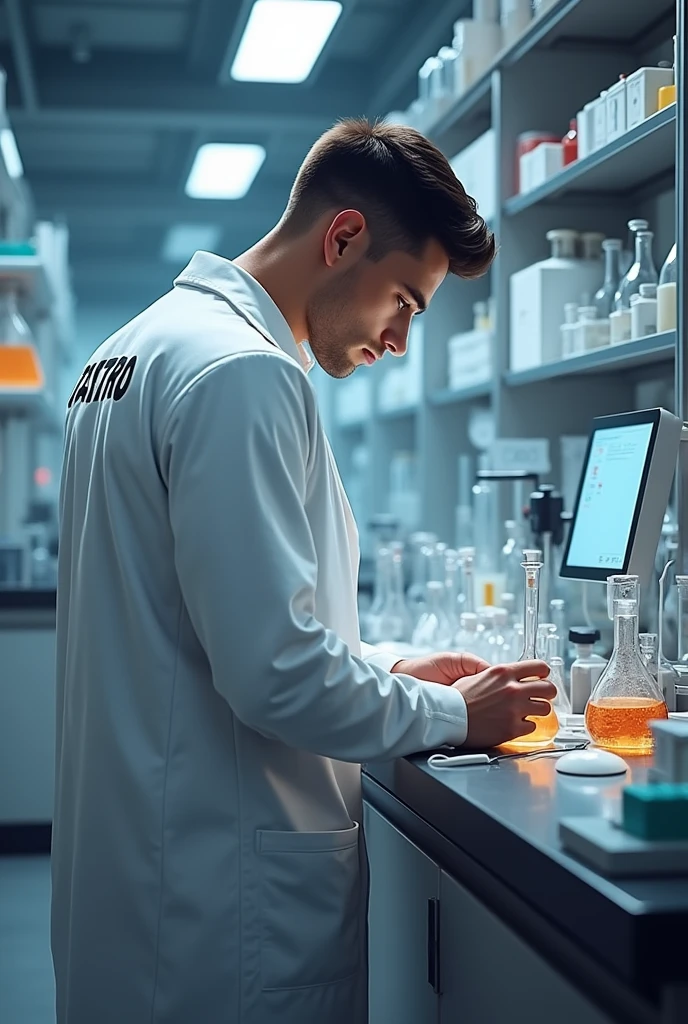 A muscular young man inside a scientific laboratory wearing a lab coat with writing on it "J.Castro team" doing experiments