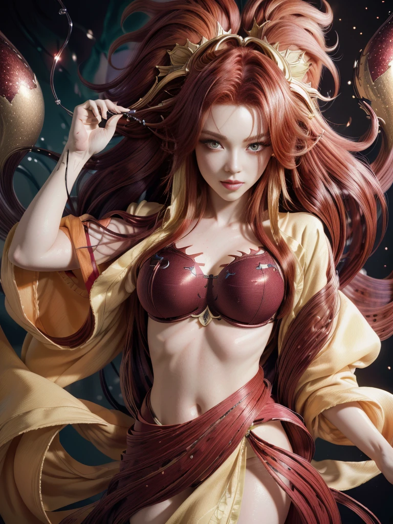 masterpiece, Best Quality, (Extremely detailed CG unity 8k wallpaper), Red hair (Best Quality), (best illustration), (best shadow), absurdities, Realistic lighting, (Abyss), beautiful detailed glitter, arte de PeterMohrBacher, ((((deep crimson hair))))