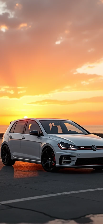 White Volkswagen Golf MK.Make a smartphone wallpaper for the 7 Gti, Near the sea、Beautiful sunset、Shallow depth of field、(masterpiece:1.3) (最high quality:1.2) (high quality:1.1)、Cinematic Light, ((Cinema Lighting),(Natural light),(High level of artistry),(artistic),(Indistinguishable quality from the real thing),RAW Photos,Genuine,Genuine,High resolution,RAW Photos,masterpiece, beautiful,