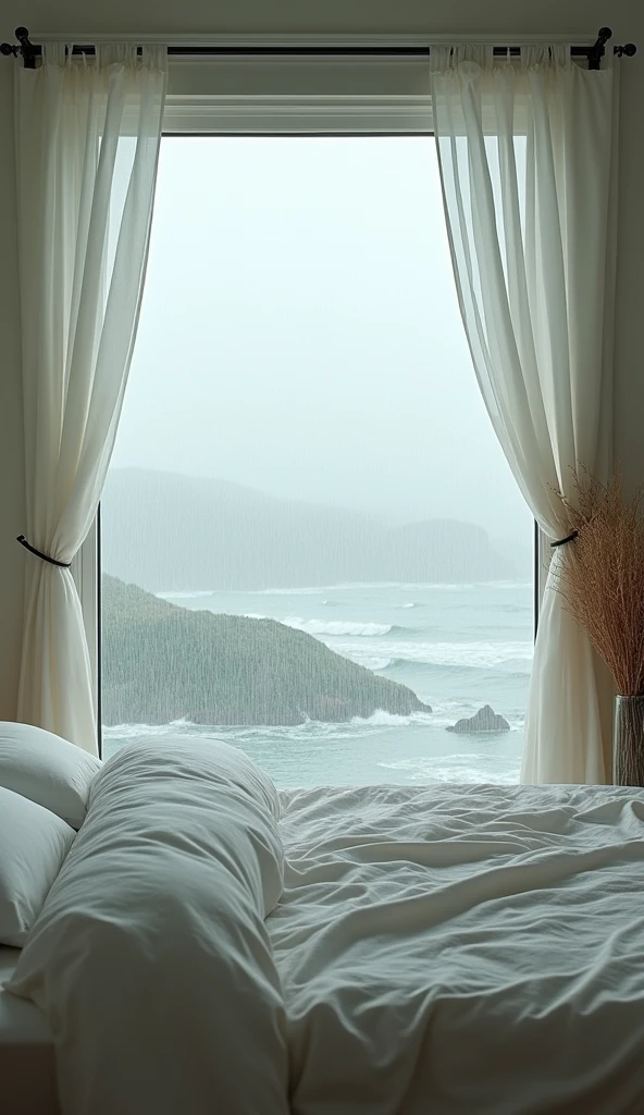 A serene bedroom in a coastal home, where the sound of rain mingles with the distant crashing of ocean waves. The room features light, airy curtains gently swaying with the breeze, and the bed is layered with soft linens. Outside the window, rain falls steadily, blurring the view of the misty shoreline.