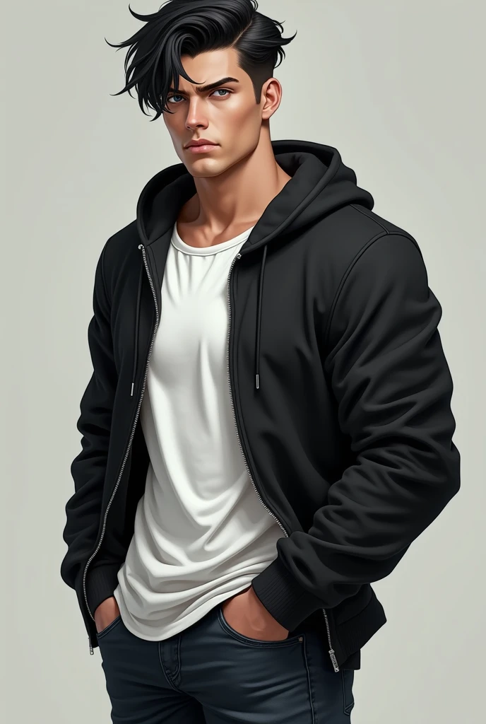 A man who is tall, handsome, and muscular young men with gray eyes, sharp facial features, and black hair with  Two Block Haircut with Curtain Bangs. Wearing a white shirt and black hoodie and black jean