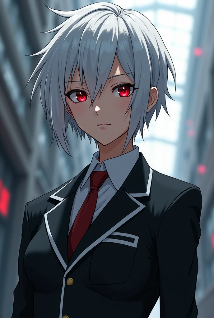 Create a Boku no hero academia oc with white hair and red eyes in uniform 