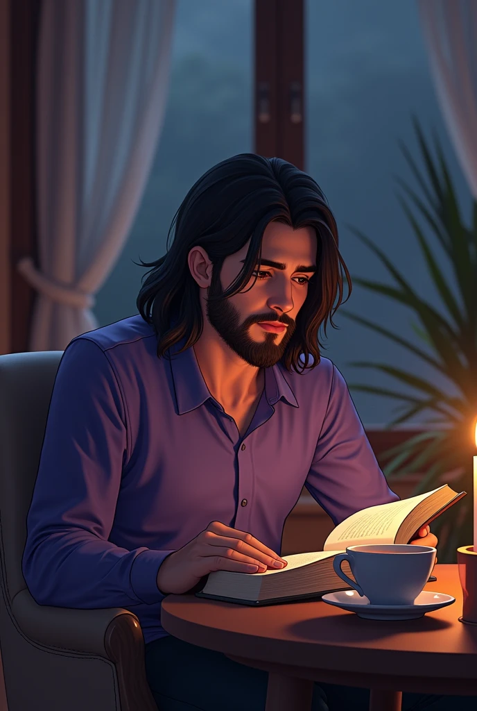 A boy is sitting a chair and reading a story book and there is a cup of tea and a lighted candle on a table in front of him, and he is 18 year, he has medium beard and there body purple full hand t 'shirt and there hair is a long