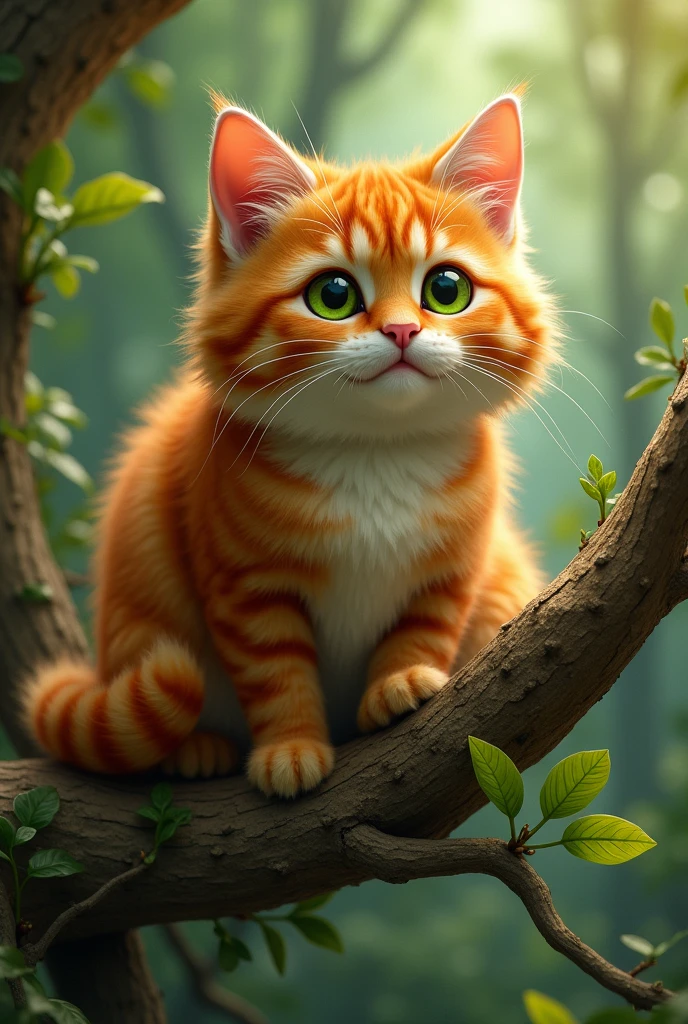 An orange cat with green eyes, dark orange furry spots on fur sitting in a tree