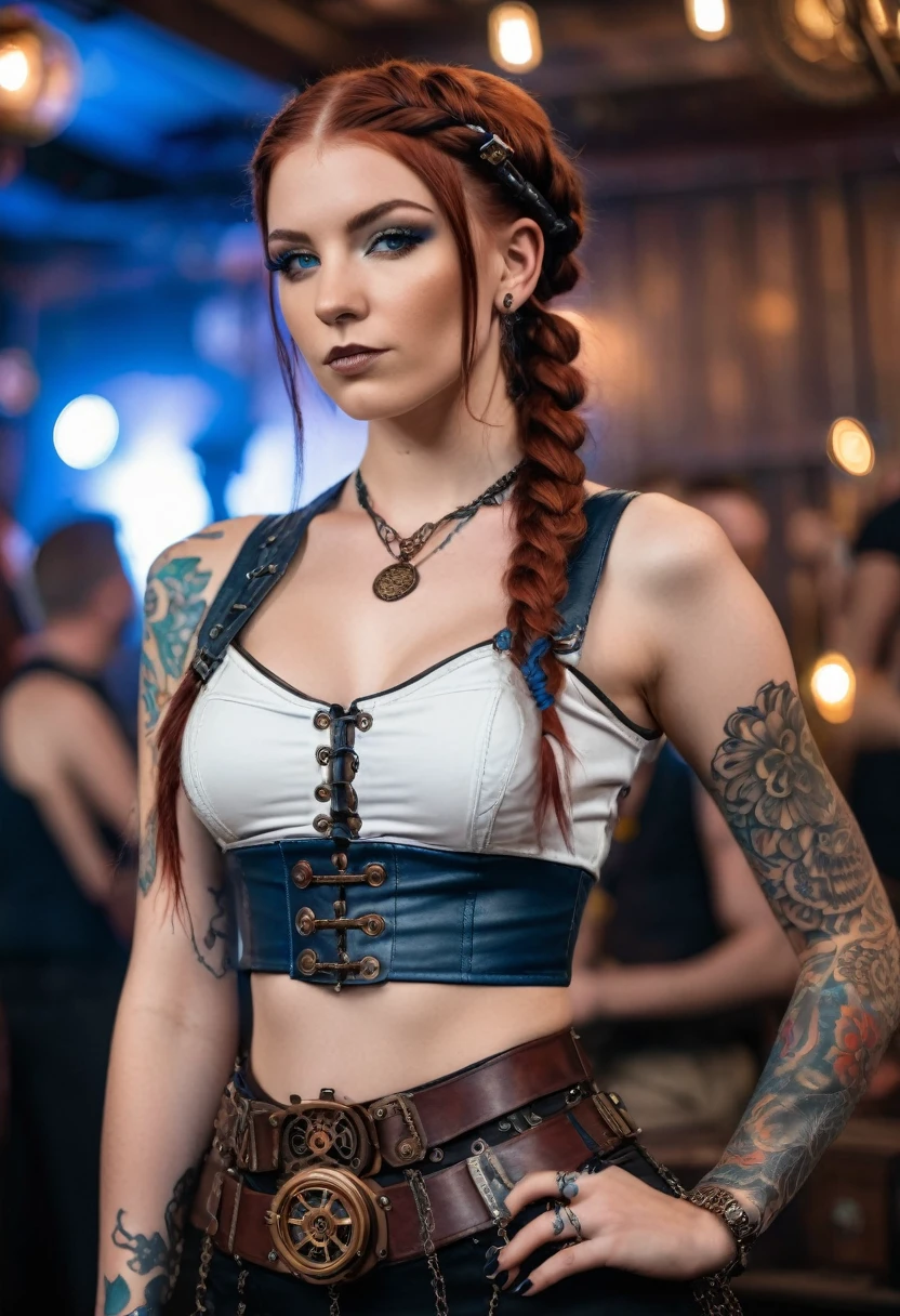 an steampunk girl at a party, (white crop top:1.2), small breast, black and blue leather, tattoo, hyper detailed, ultra sharp, long auburn hair in braids, 8k, (insanely detailed:1.5), full body photograph, 20 megapixel, canon eos r3, detailed skin, pale skin, mouth closed, 18+