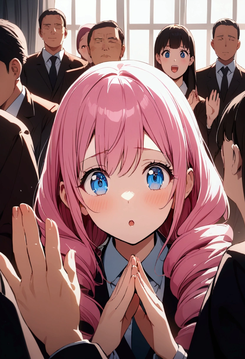 All the classmates applaud、Praise、The chairman raised his hand in response.、Girl with pink hair、blue eyes、Twin Drill、A scene from a movie