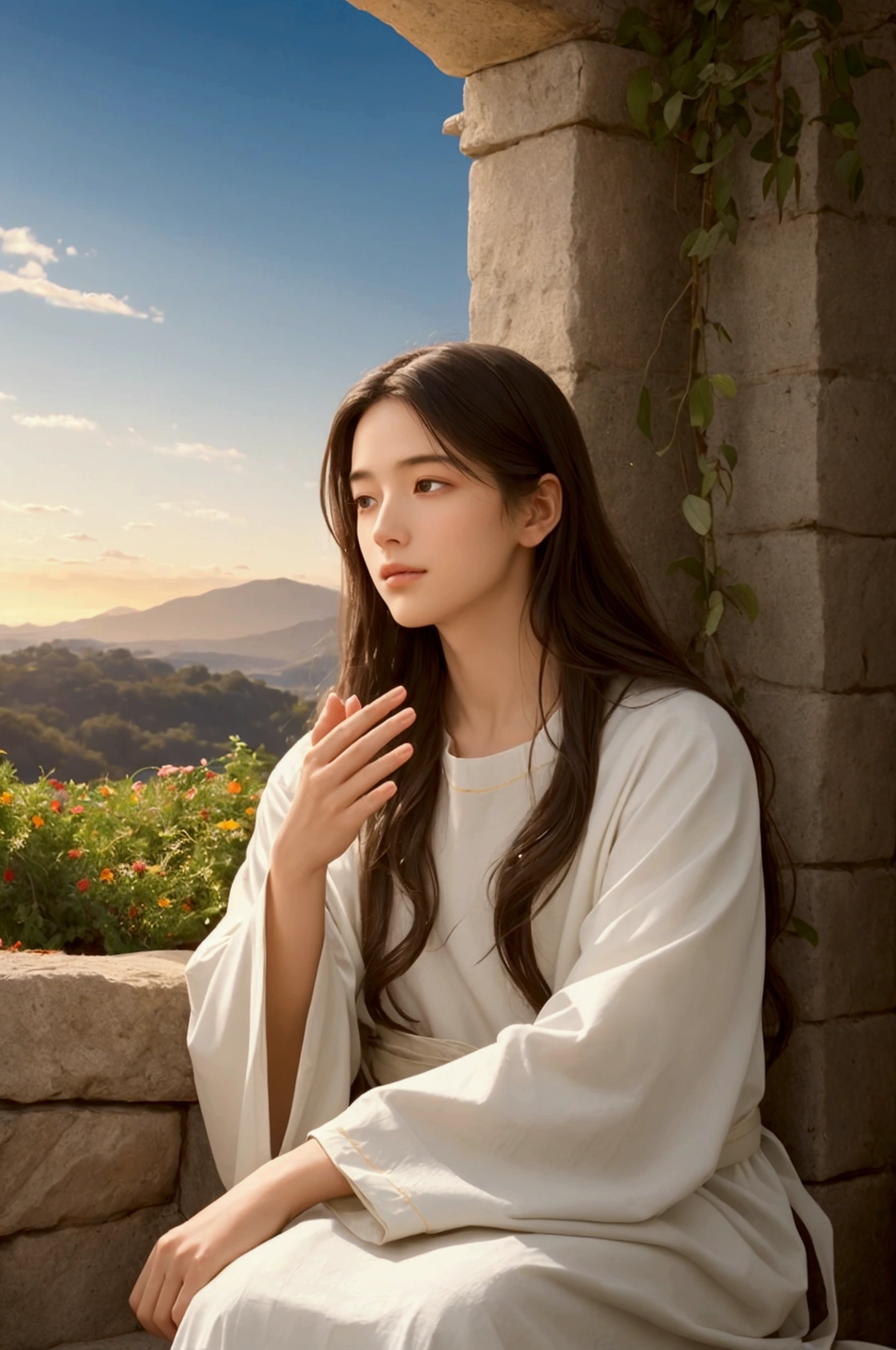 Create a serene and uplifting image,Visualize Jesus as a compassionate and caring figure, with a gentle yet powerful presence. Depict him extending his hands toward a scene where blessings are being provided, such as food, shelter, or healing light, symbolizing divine care and provision. The setting could be a peaceful landscape or a celestial backdrop, with soft, radiant light emanating from Jesus, representing the divine providence that nourishes and protects all. The overall atmosphere should evoke a sense of abundance, comfort, and divine care, emphasizing the nurturing and guiding hand of Jesus in providing for those in need