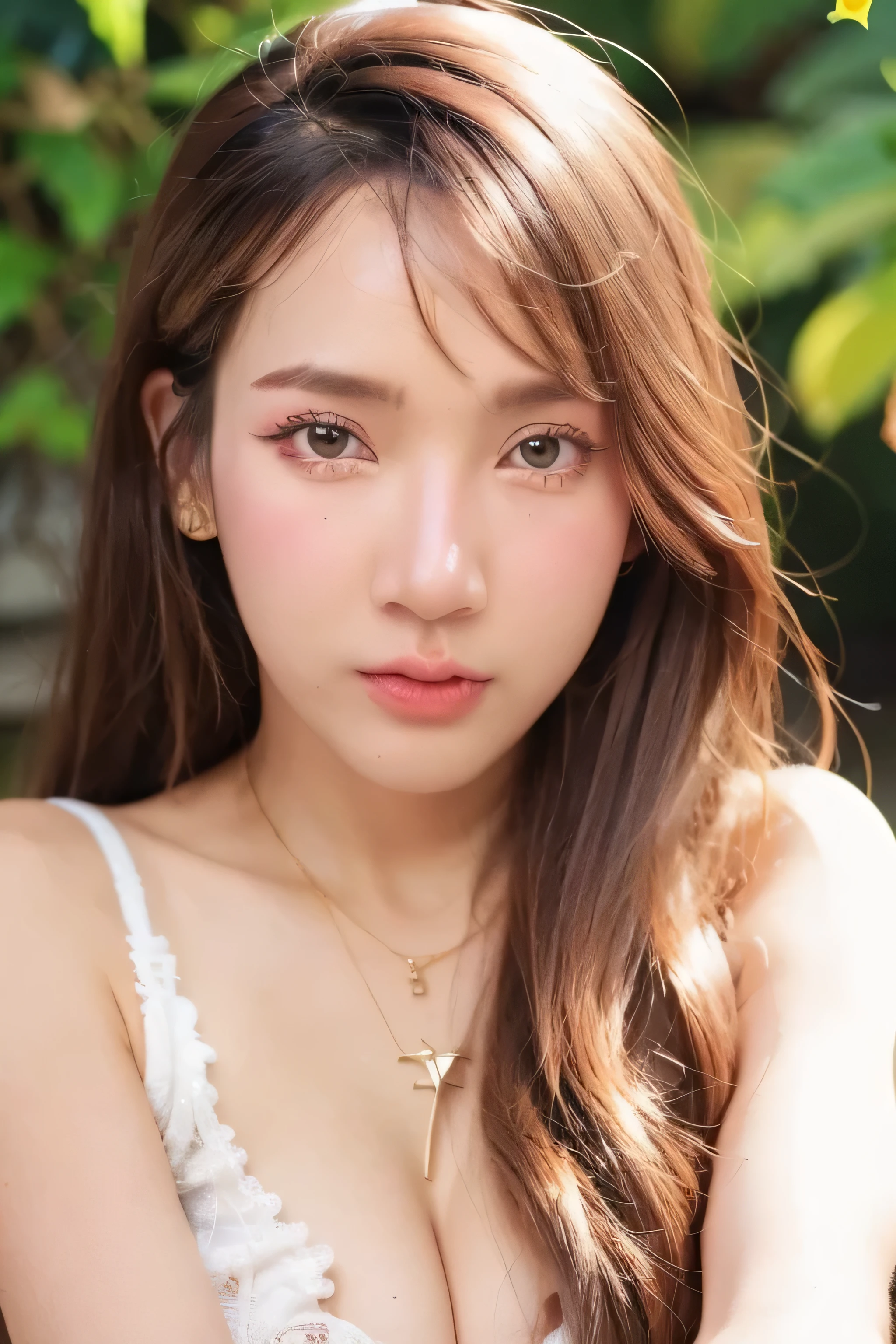 8k, masterpiece, original photo, best quality, Reality, Extremely detailed CG Unity 8K wallpaper, Depth of Field, Movie Lighting, lens flare, Ray Tracing, (Extremely beautiful face, Beautiful lips, beautiful eyes), Intricately detailed face, ((Ultra-delicate skin), Beautiful 1 girl best quality photos, Ultra-high resolution, (Realistically:1.4),Cute hairpin,1 girl,Red long hair,Cropped sweater ,Beautiful slim woman:1.4, on the island,Super thin face,Exquisite eyes,double eyelids,Necklace