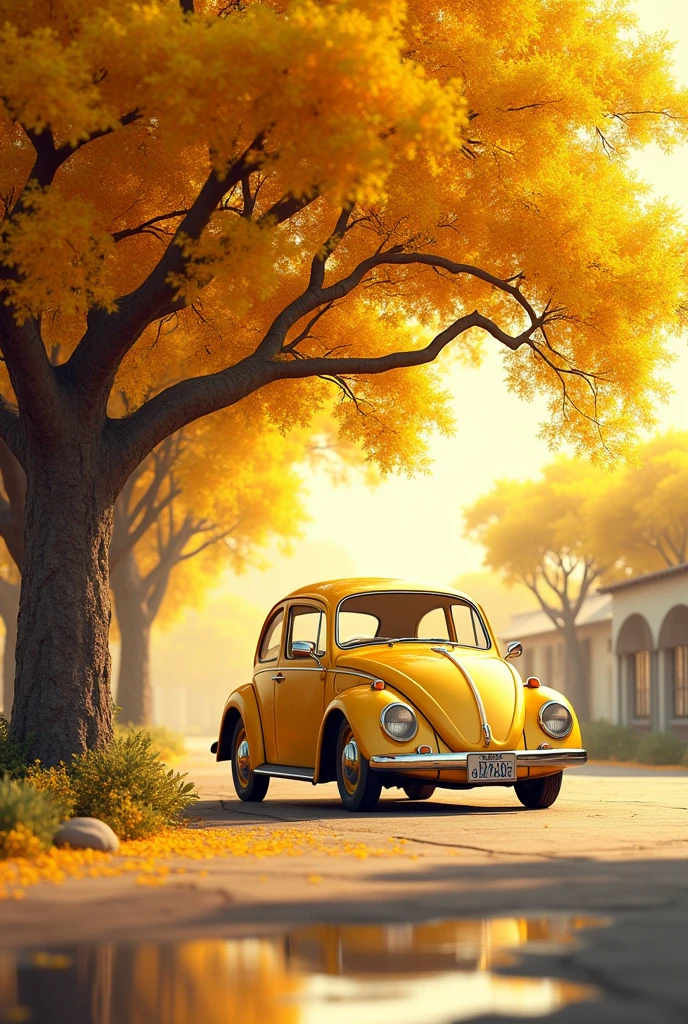 Yellow Volkswagen Beetle under a yellow ipe tree