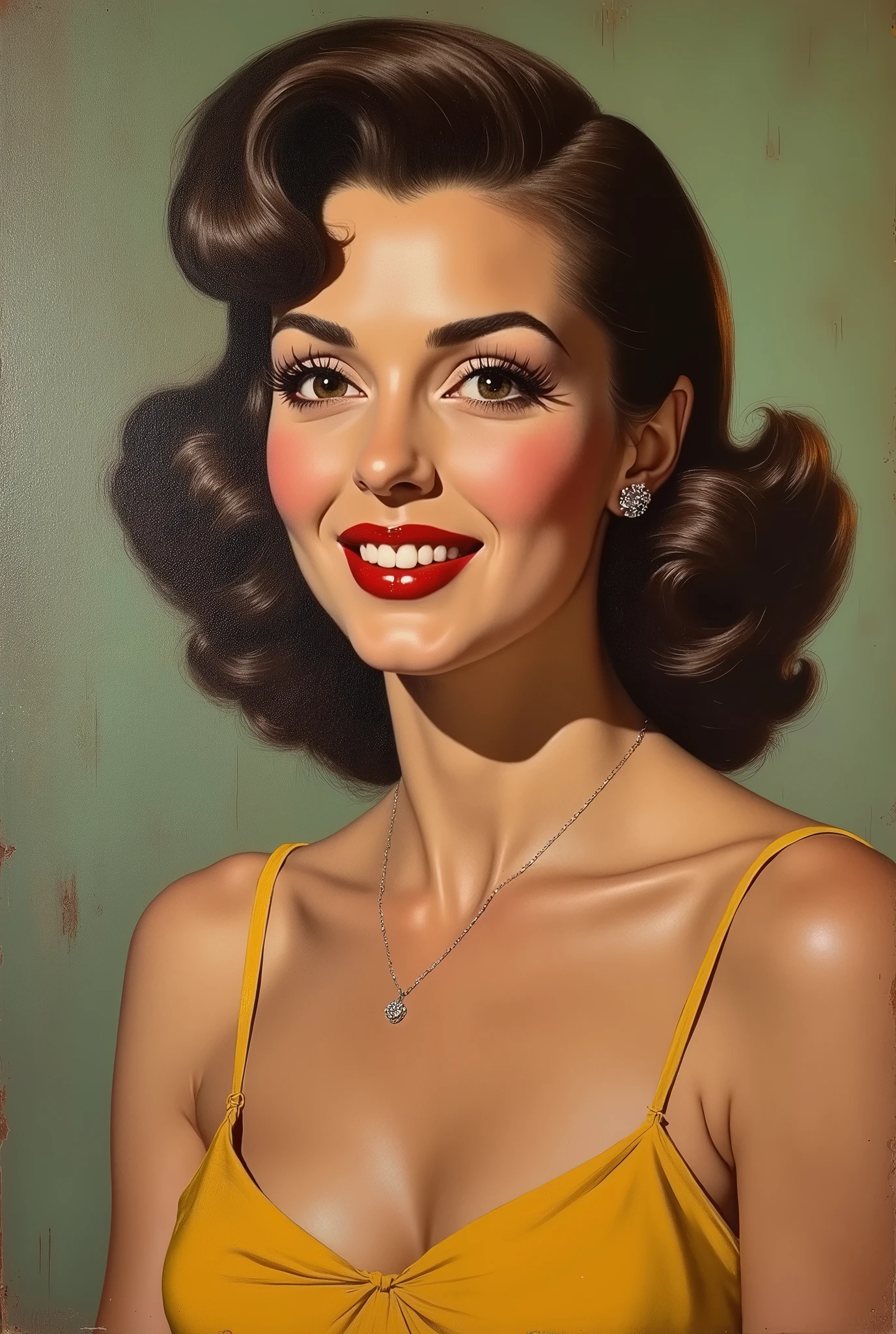 Vintage retro art printing of a smiling woman, perfect face, symmetrical face, French face, sensual face, mischievous smileshe is wearing an intricate sundress, holding a petite lemon in her hand,as scenery a terrace in sorrento, in the art style of gil elvgren, award winning, masterpiece, dramatic lighting,