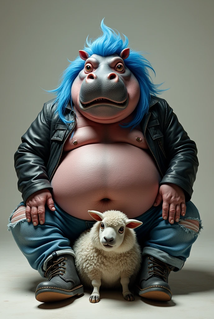 Generates a fat and obese anthropomorphic hippo, He has long hair with blue dyed tips and wears biker clothing., He is sitting on the face of an anthropomorphic grey sheep while farting on the sheep's face