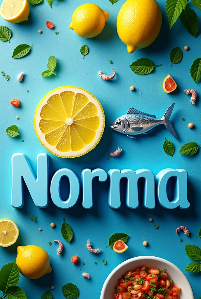 A banner for my cevicheria. is called: cevicheria antojitos 'Norma' . Instead of the 'o' that 'Norma' has, there should be a green sliced lemon. The letters should be in color or shades similar to blue and light blue and the background should match the letters.. Also put a fish on one of the letters since it is for a seafood restaurant.. The not so dark letters