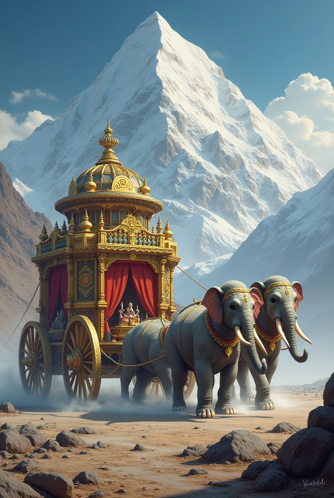 Images beautiful empty chariot pulled by many Airavats at mount kailash 
